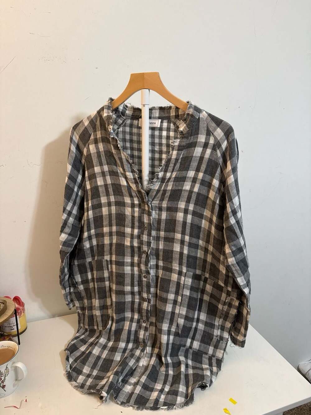 Ces Femme Gray Plaid Frayed V-Neck Button Down Tunic Shirt Size S